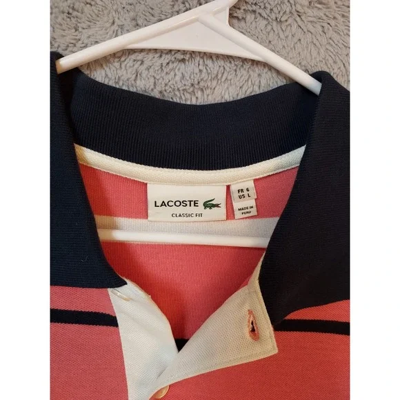Lacoste Polo Shirt Mens Large Size 7 Striped Pink Classic Fit Preppy Contrast L - Picture 3 of 9